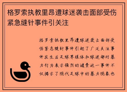 格罗索执教里昂遭球迷袭击面部受伤紧急缝针事件引关注
